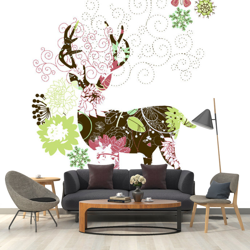 Floral Deer Drawing Murals Art Deco Non-Woven Cloth Wall Covering in Pink and Green