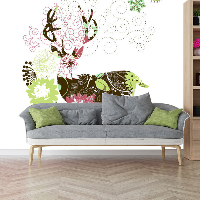 Floral Deer Drawing Murals Art Deco Non-Woven Cloth Wall Covering in Pink and Green