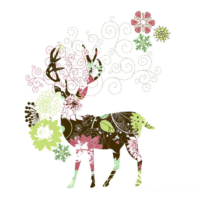 Floral Deer Drawing Murals Art Deco Non-Woven Cloth Wall Covering in Pink and Green