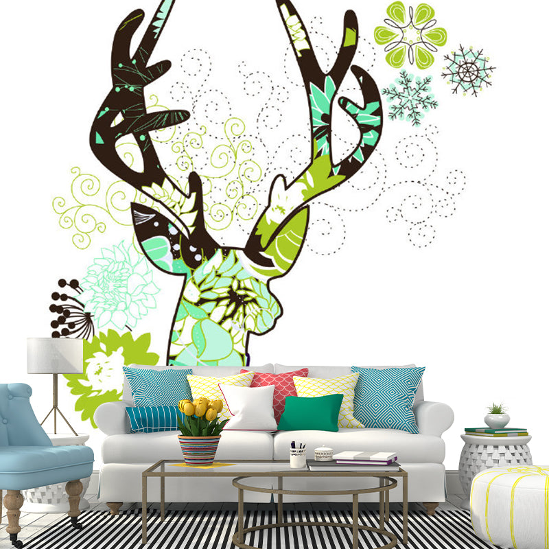 Mural de pared con cabeza de ciervo verde, estética, impermeable, decoración de pared para dormitorio, impreso personalizado