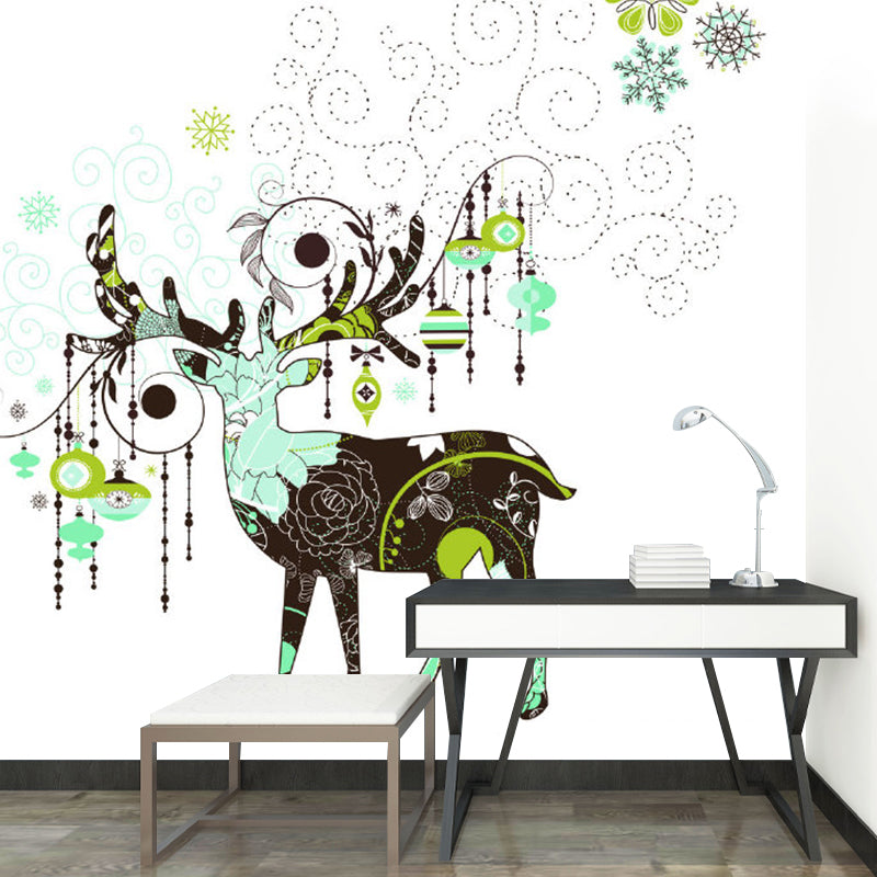 Modern Art Deer Mural Wallpaper for Bedroom Personalized Wall Covering in Grey-Green
