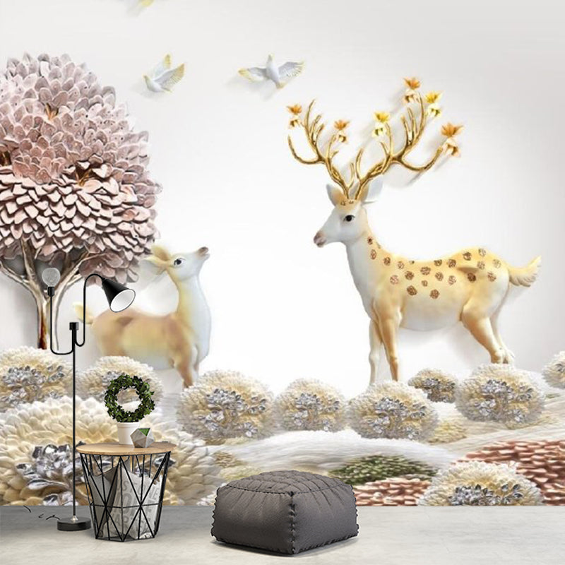 Nordic Grassland Deer Wall Mural Purple-Yellow Moisture Resistant Wall Art for Home