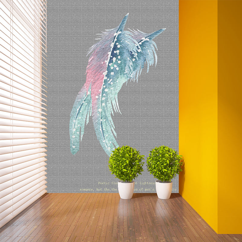 Simple Feather Print Wallpaper Murals for Bedroom Customized Wall Art in Grey-Pink-Green