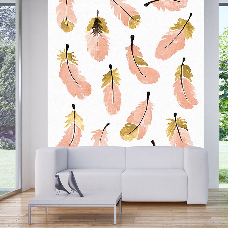 Orange Pink Feathers Mural Decal Stain Resistant Stylish Bedroom Wall Art, Non-Woven Cloth