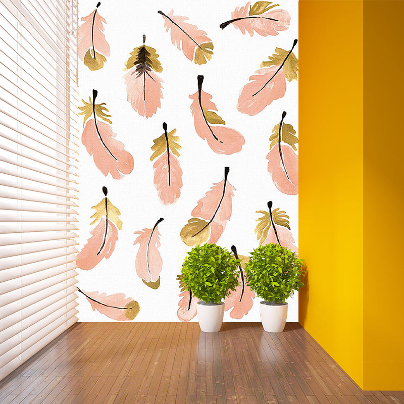 Orange Pink Feathers Mural Decal Stain Resistant Stylish Bedroom Wall Art, Non-Woven Cloth