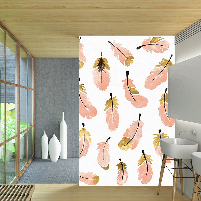 Orange Pink Feathers Mural Decal Stain Resistant Stylish Bedroom Wall Art, Non-Woven Cloth