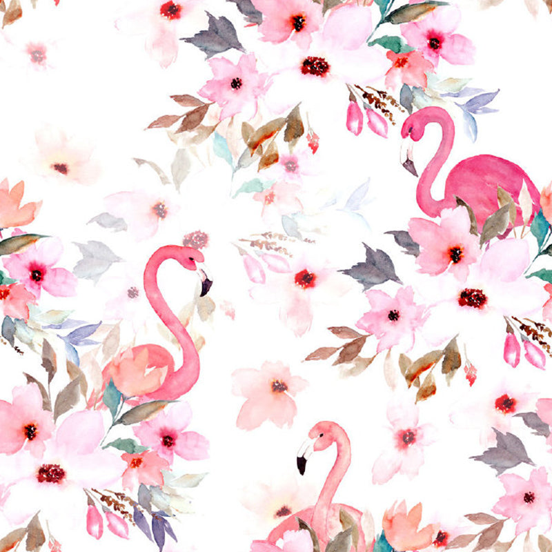 Flamingo Flower Print Wall Murals Tropical Non-Woven Fabric Wall Decor in Pink for Home