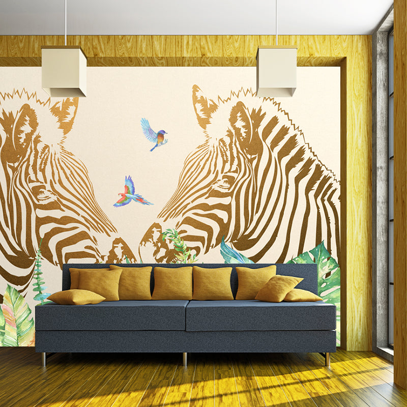 Modern Twin Zebras Murals Wallpaper Yellow-Green Waterproof Wall Art for Bedroom