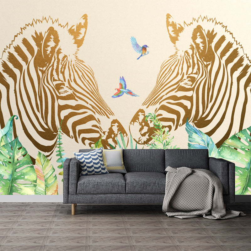 Modern Twin Zebras Murals Wallpaper Yellow-Green Waterproof Wall Art for Bedroom