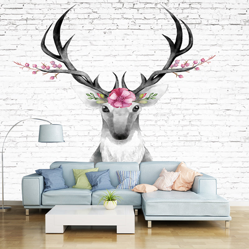 Deer Head and Brick Mural Wallpaper Grey and Pink Art Deco Wall Covering for Bedroom