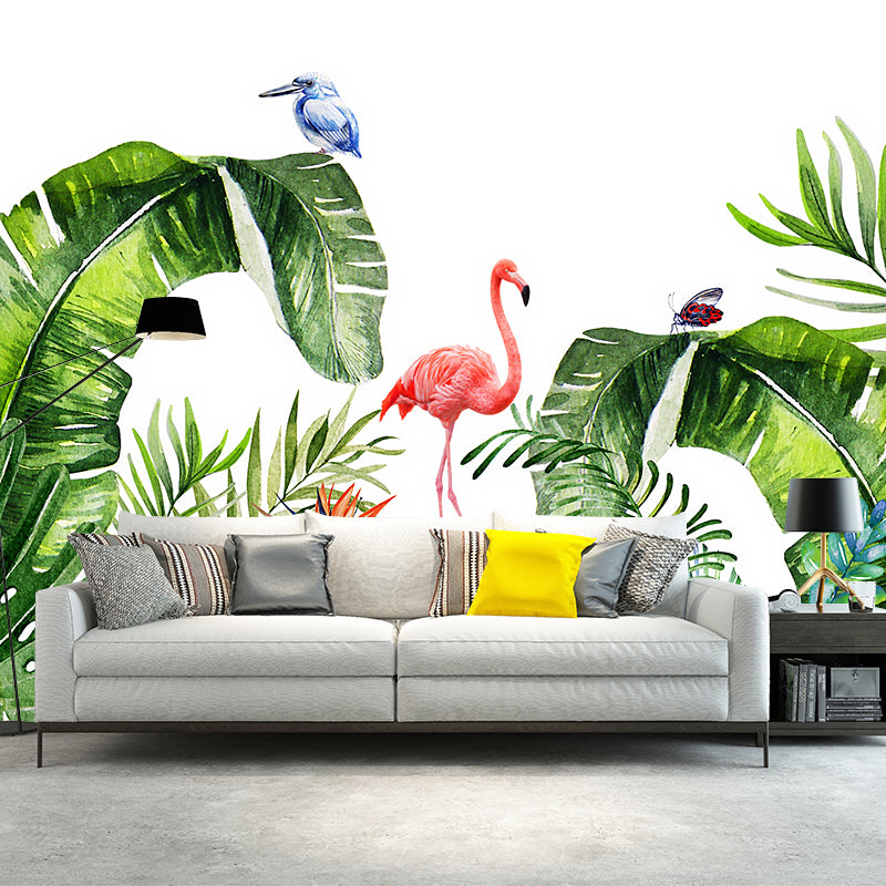 Tropics Plants Flamingo Murals Wallpaper Pink and Green Water Resistant Wall Art for Bedroom
