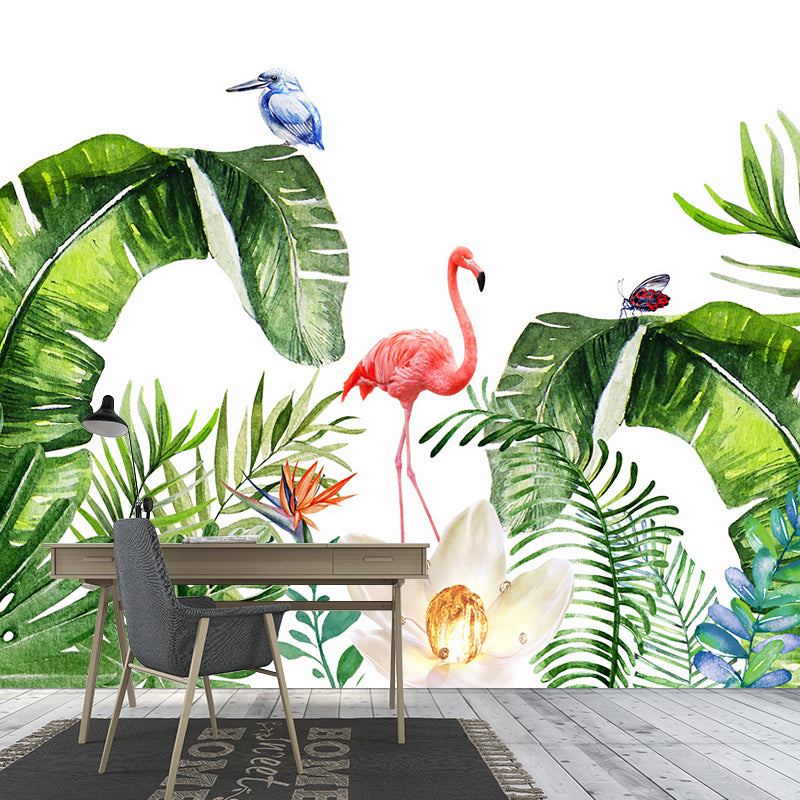 Tropics Plants Flamingo Murals Wallpaper Pink and Green Water Resistant Wall Art for Bedroom