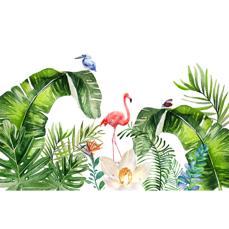 Tropics Plants Flamingo Murals Wallpaper Pink and Green Water Resistant Wall Art for Bedroom