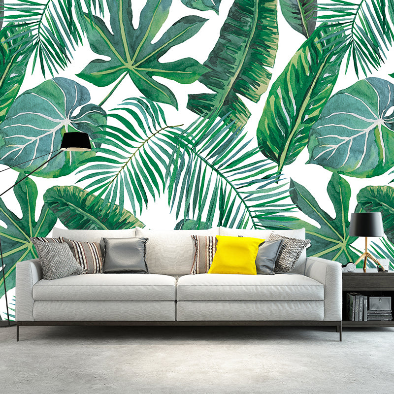 Custom Illustration Tropix Murals with Plant Leaves Pattern in Green, Moisture Resistant