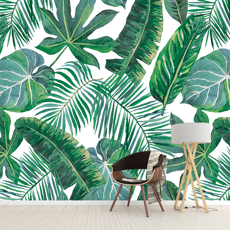 Custom Illustration Tropix Murals with Plant Leaves Pattern in Green, Moisture Resistant