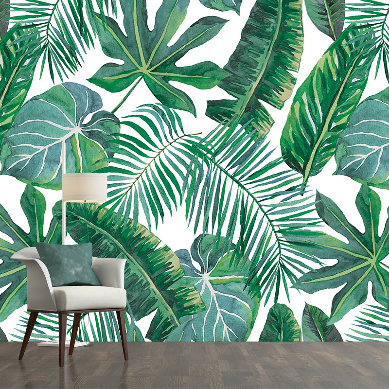 Custom Illustration Tropix Murals with Plant Leaves Pattern in Green, Moisture Resistant