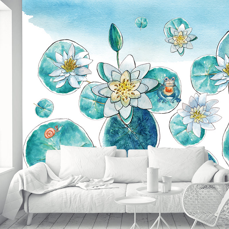 Murales de estanque de loto de acuarela Aqua, decoración de pared asiática resistente a la humedad para dormitorio