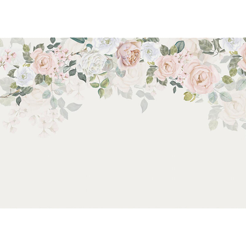 Beige Peony-Edge Mural Decal Stain Resistant Modernist Bedroom Wall Decoration, Non-Woven