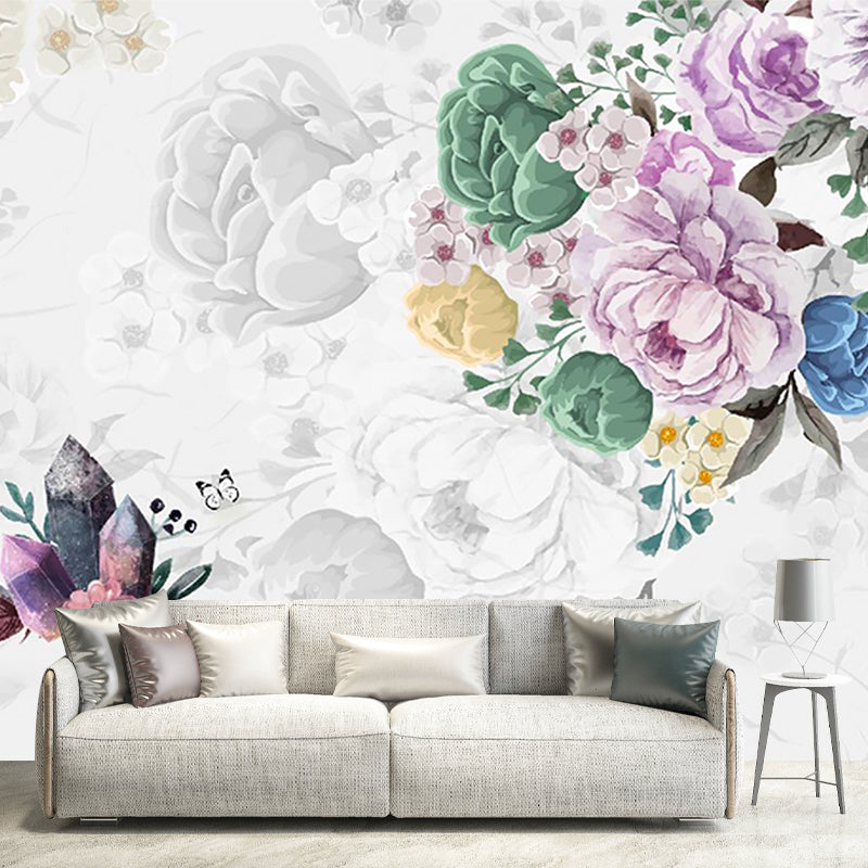 Beautiful Peonies Wall Covering Murals for Living Room, Pink and Green, Custom Printed