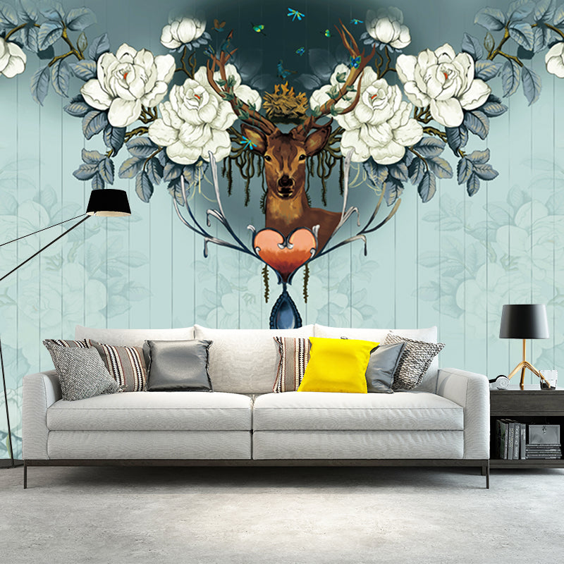Peony Print Deer Wallpaper Murals Contemporary Smooth Wall Art in Grey and Green