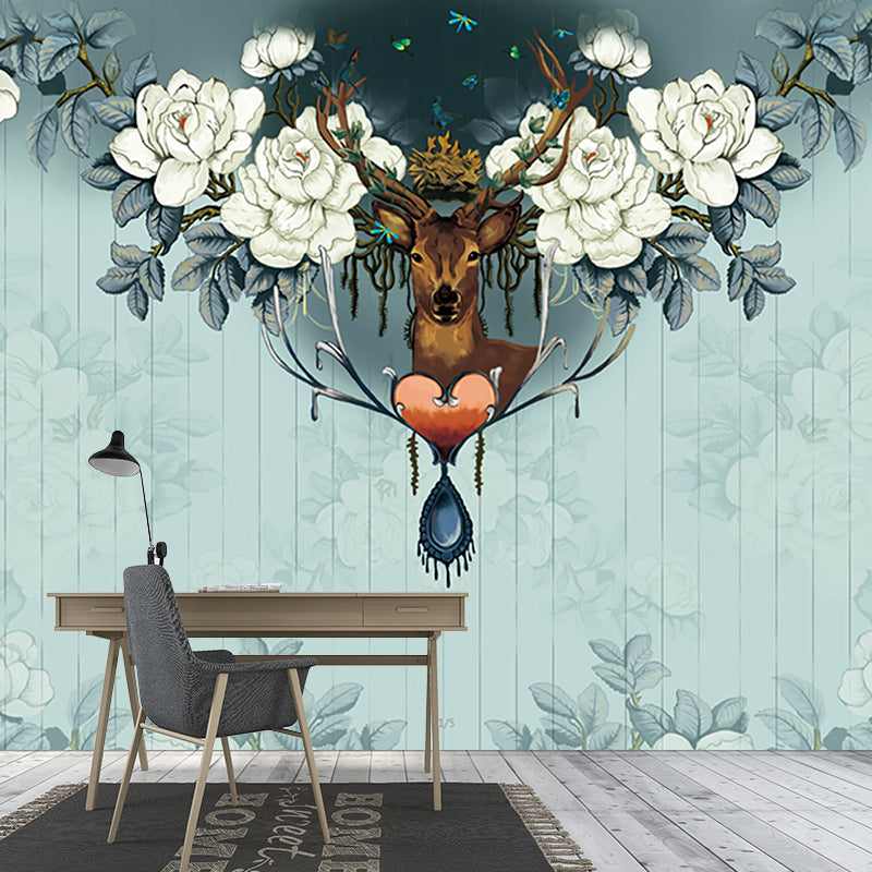Peony Print Deer Wallpaper Murals Contemporary Smooth Wall Art in Grey and Green