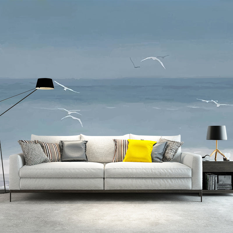 Tropical Gull Printed Mural Wallpaper Grey and Blue Sea Wall Covering for Accent Wall