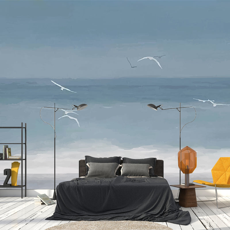 Tropical Gull Printed Mural Wallpaper Grey and Blue Sea Wall Covering for Accent Wall