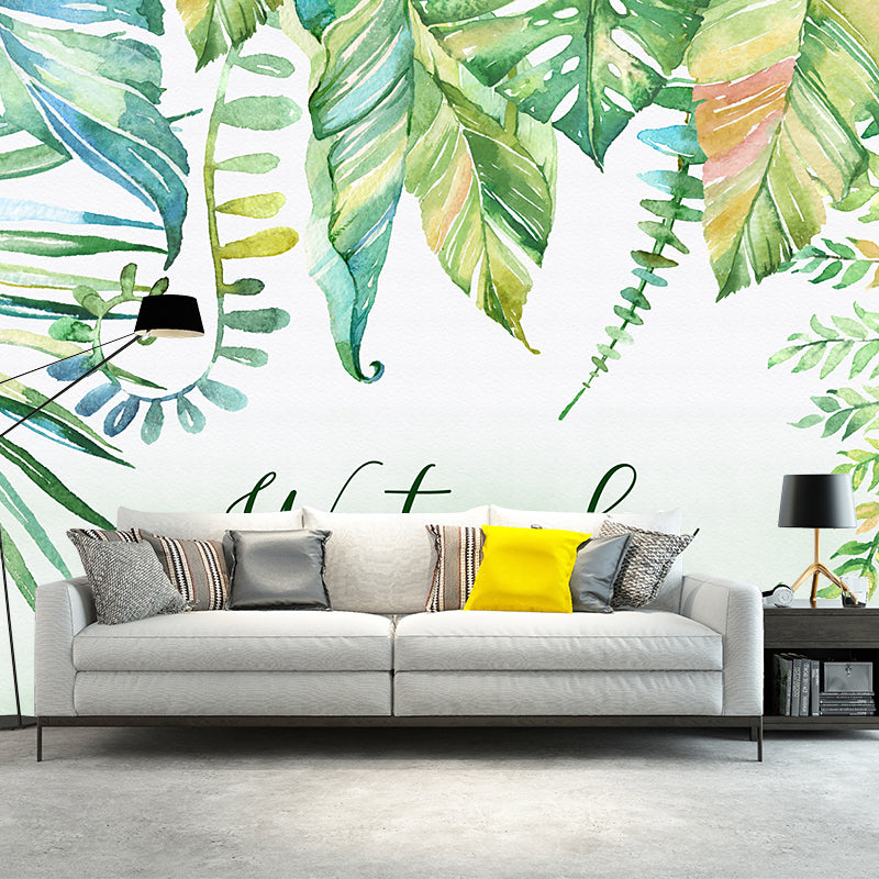 Whole Plants Wall Mural Decal Tropical Relaxing Watercolor Leaf Wall Art in Yellow-Green