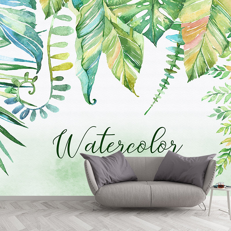 Whole Plants Wall Mural Decal Tropical Relaxing Watercolor Leaf Wall Art in Yellow-Green
