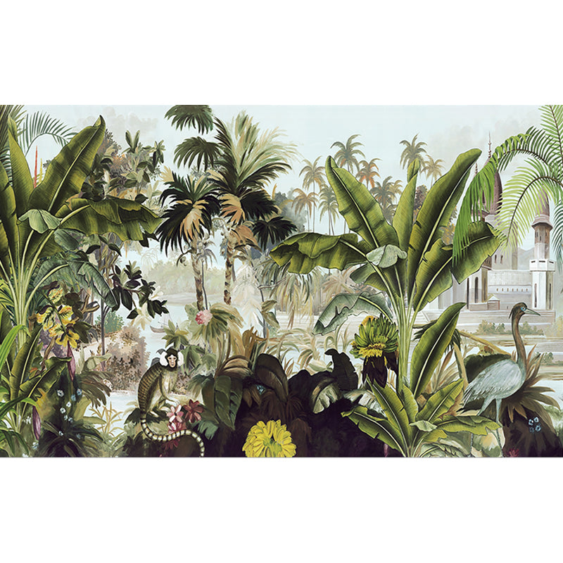Tropical Plant Manor Wall Mural Green Stain Resistant Wall Covering for Living Room