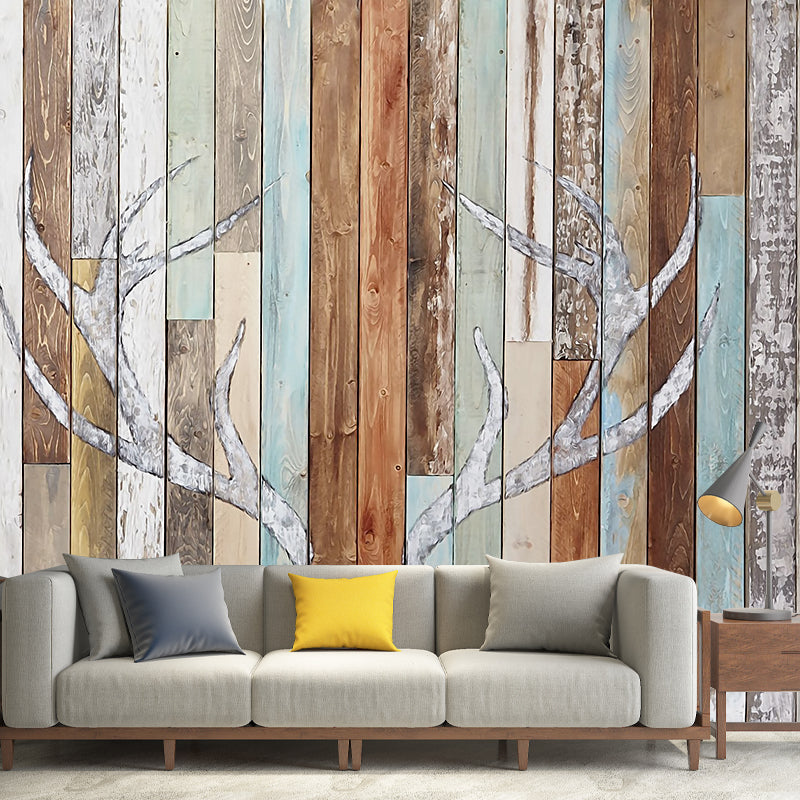 Rustic Antler Print Murals Decal Blue-Brown Barn Wood Wall Decor for Living Room