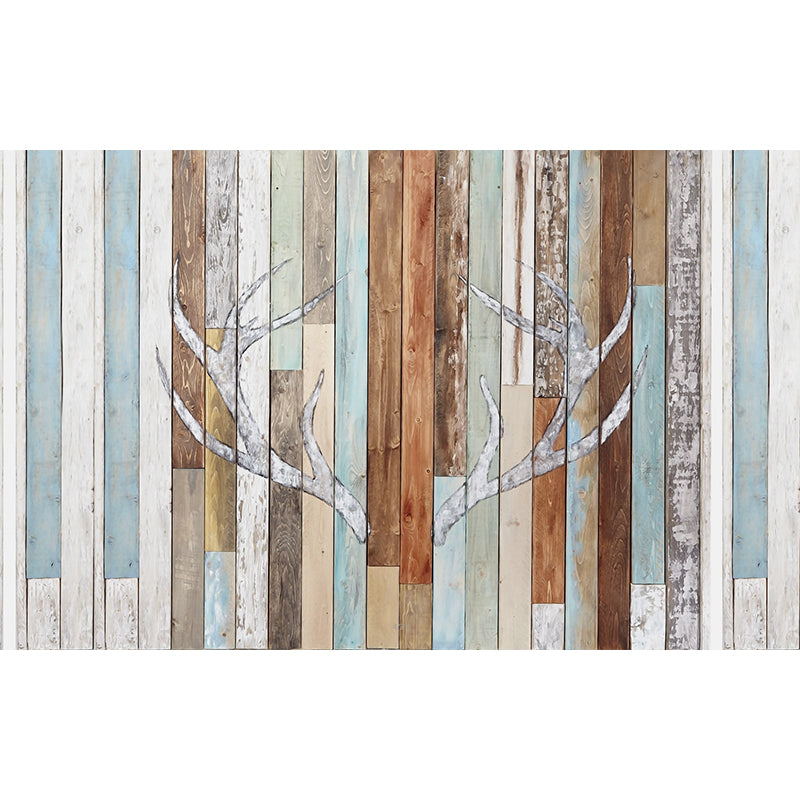 Rustic Antler Print Murals Decal Blue-Brown Barn Wood Wall Decor for Living Room