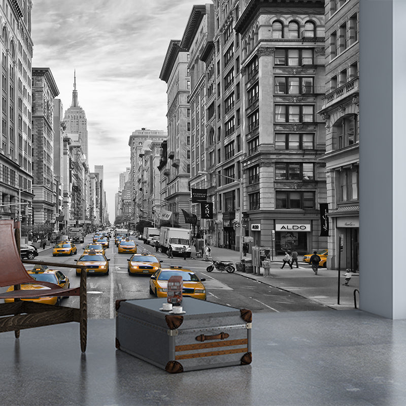 City Street View Wall Mural Decal Modernist Non-Woven Wall Art in Black and White