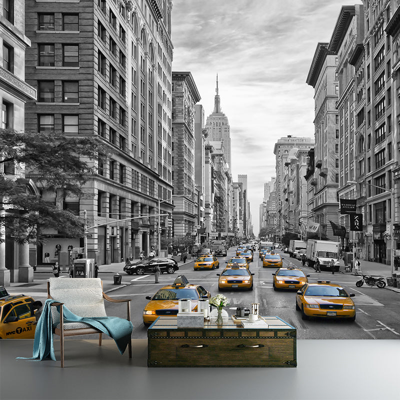 City Street View Wall Mural Decal Modernist Non-Woven Wall Art in Black and White