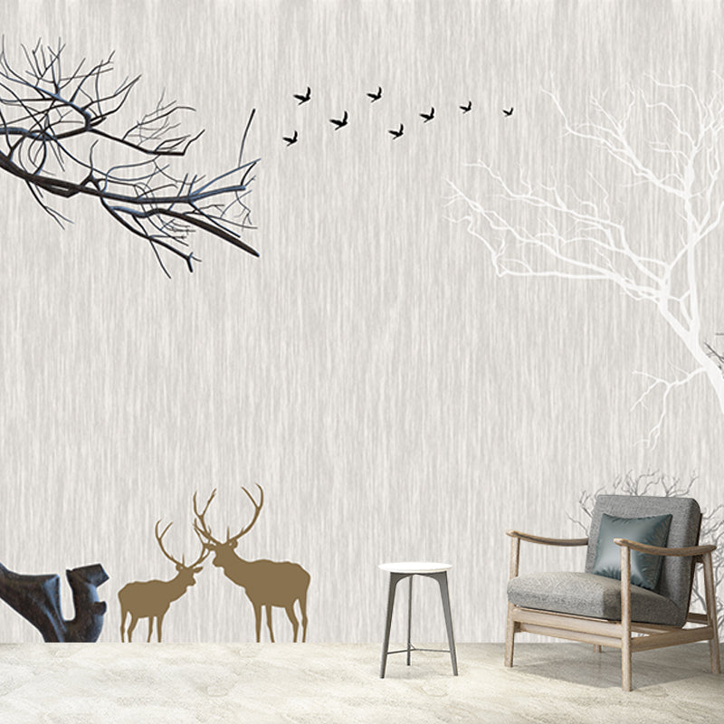 Whole Nordic Style Mural Wallpaper Grey Deer and Naked Trees Wall Covering, Personalized Size