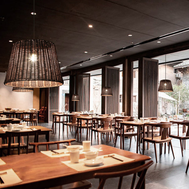 1/3-Head Restaurant Hanging Light with Cone Rattan Shade Country Stylish Brown Pendant Lamp