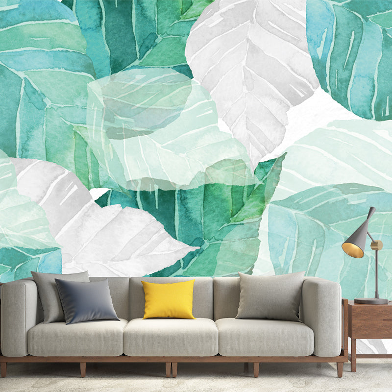 Modern Shattered Leaf Mural Wallpaper for Living Room Custom Wall Decor in Green-White