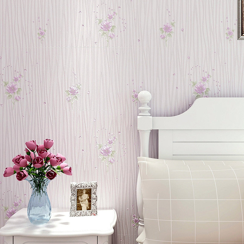 Pastel Color Flower Wallpaper Water-Resistant Country Bedroom Wall Art, Non-Pasted