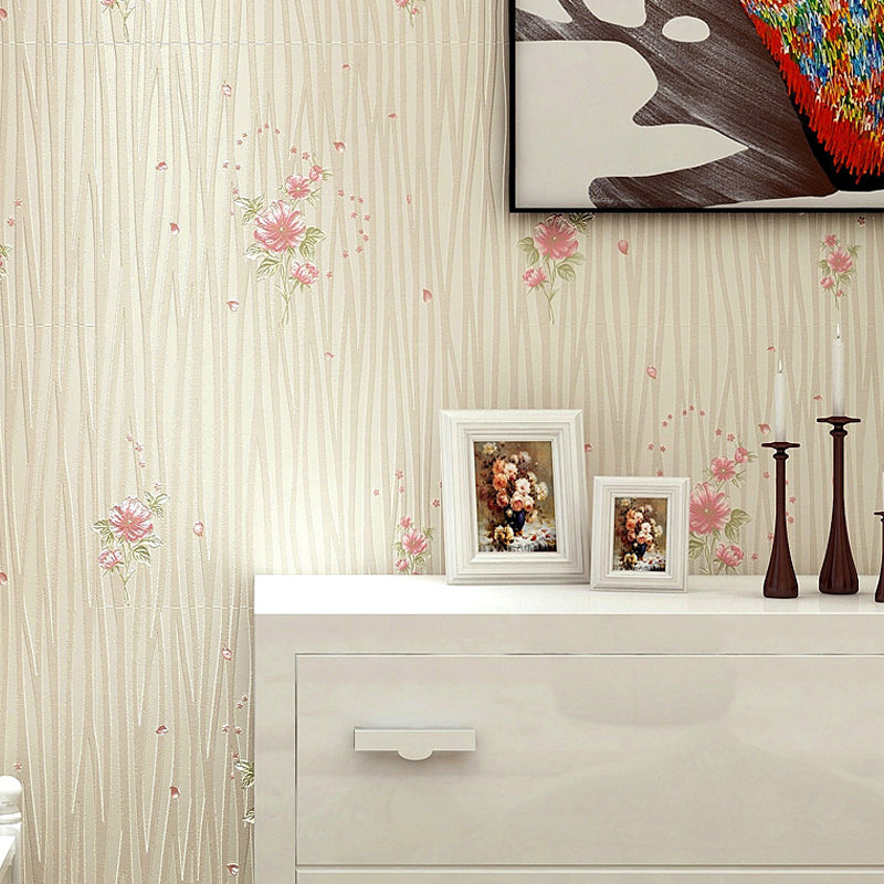 Pastel Color Flower Wallpaper Water-Resistant Country Bedroom Wall Art, Non-Pasted