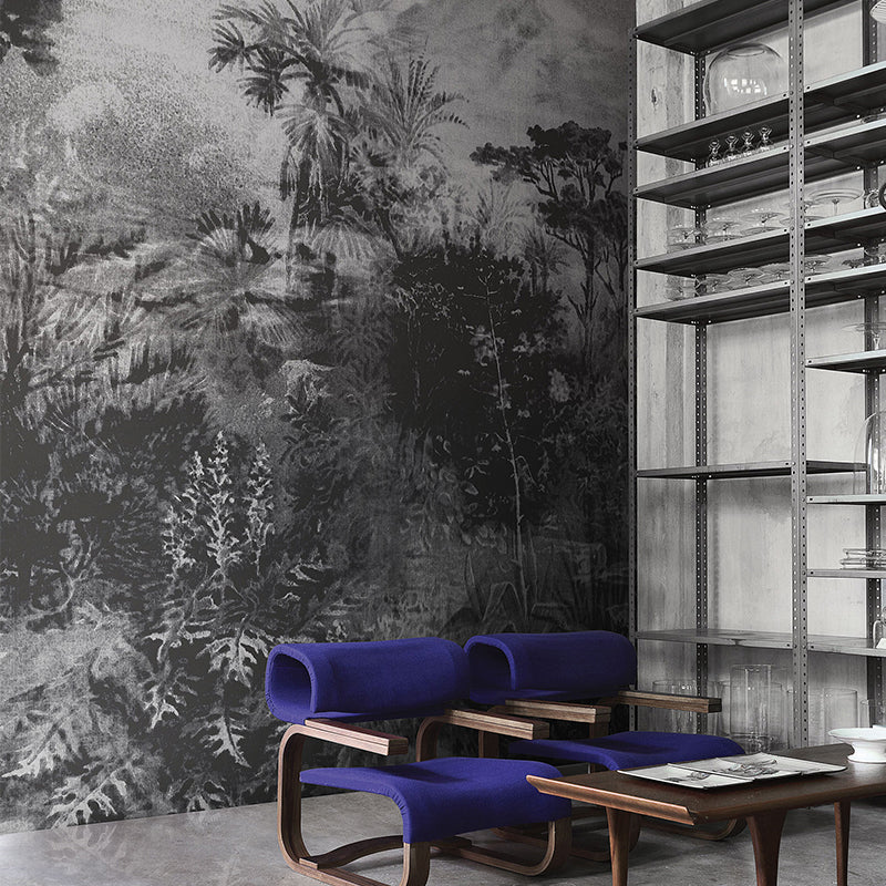 Tropical Plant Park Wallpaper Murals Grey-Black Living Room Wall Decor, Personalised Size