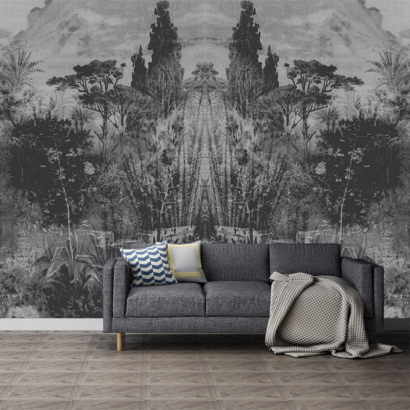 Tropical Plant Park Wallpaper Murals Grey-Black Living Room Wall Decor, Personalised Size
