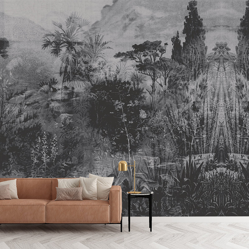 Tropical Plant Park Wallpaper Murals Grey-Black Living Room Wall Decor, Personalised Size