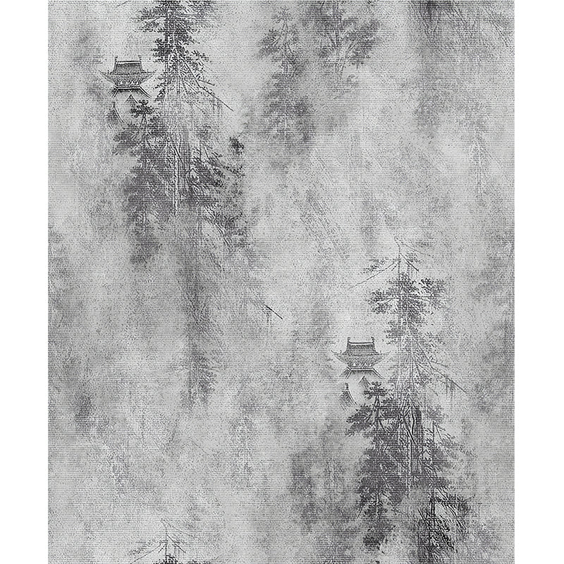 Customized Illustration Chinese Murals with Pagoda in Misty Mountain Painting Pattern in Grey