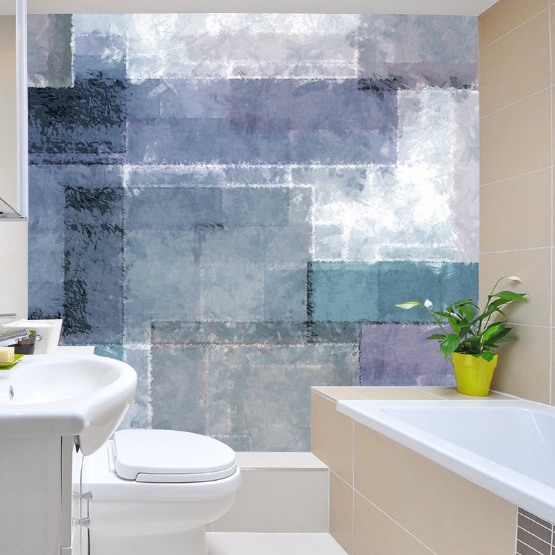 Mid-Century Tiles Painting Wall Mural Blue Moisture Resistant Wall Covering for Living Room