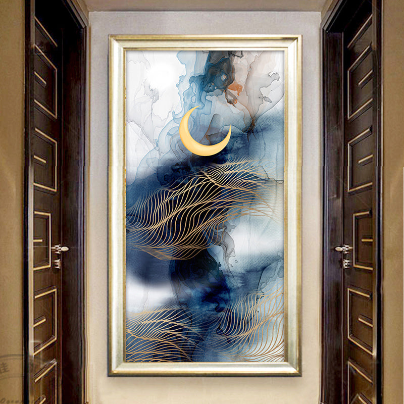 Abstract Moon-Mountain Painting Murals Contemporary Non-Woven Cloth Wall Art in Blue-Yellow