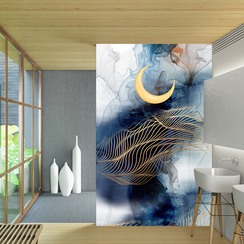 Abstract Moon-Mountain Painting Murals Contemporary Non-Woven Cloth Wall Art in Blue-Yellow