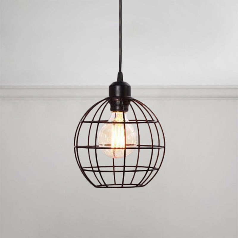 Retro Style Globe Ceiling Lamp 1 Head Metal Hanging Light Fixture with Wire Frame in Black/Copper