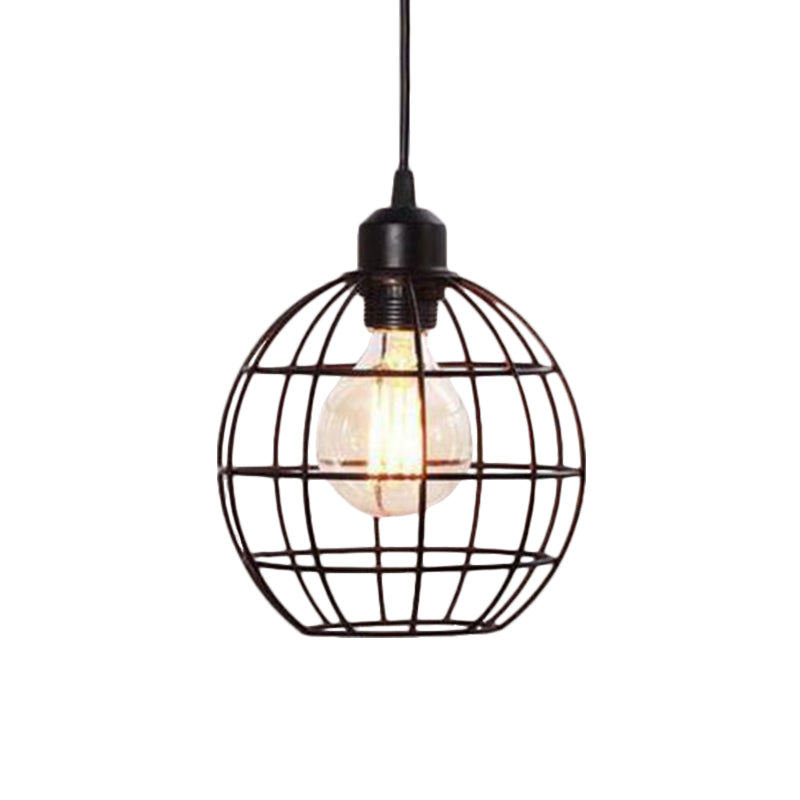Retro Style Globe Ceiling Lamp 1 Head Metal Hanging Light Fixture with Wire Frame in Black/Copper