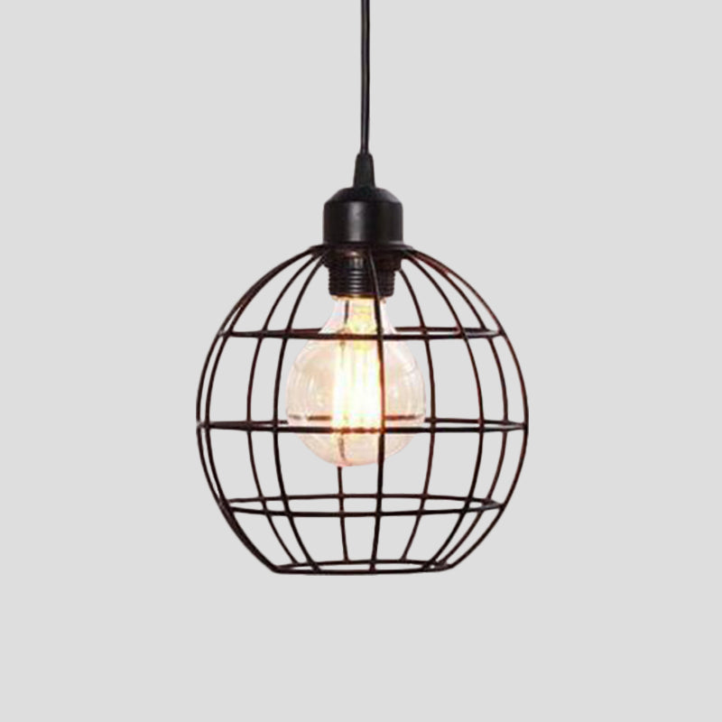 Retro Style Globe Ceiling Lamp 1 Head Metal Hanging Light Fixture with Wire Frame in Black/Copper