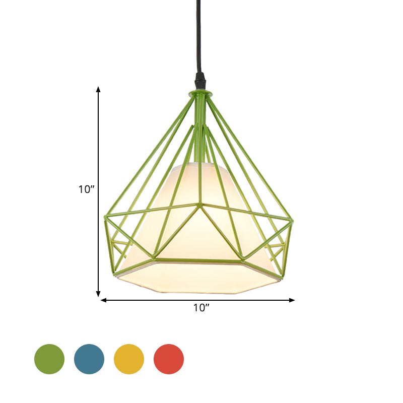 Retro diamant kooi hangende lamp 10 "/15" dia 1 licht metalen hanglamp met stoffen tint in groen/geel